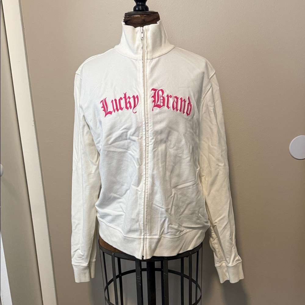 Lucky Brand Women's Cream Bomber Jacket with Pink Logo